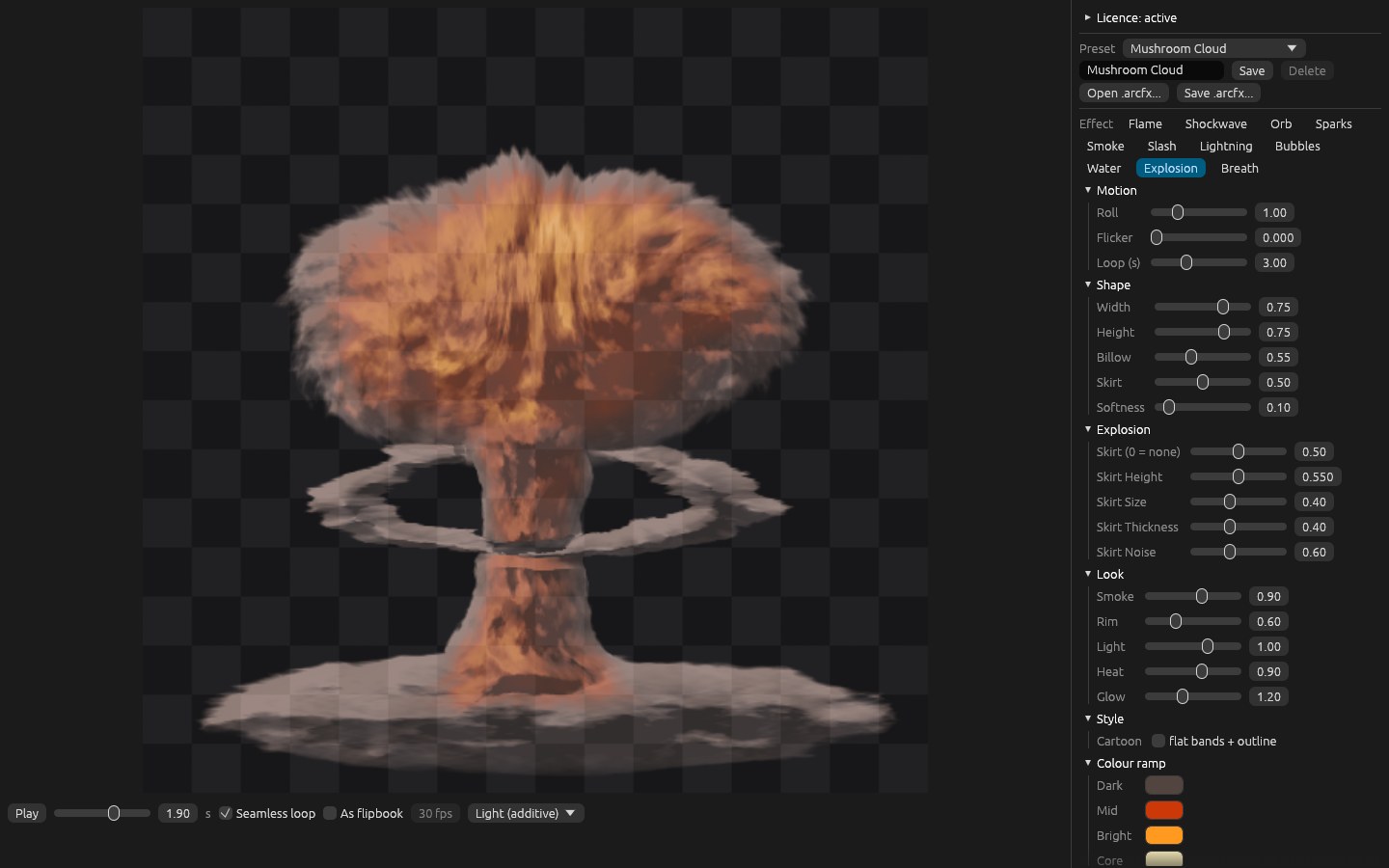 Explosion: the mushroom cloud with lit smoke, and the ring with its own height, size, thickness and noise.