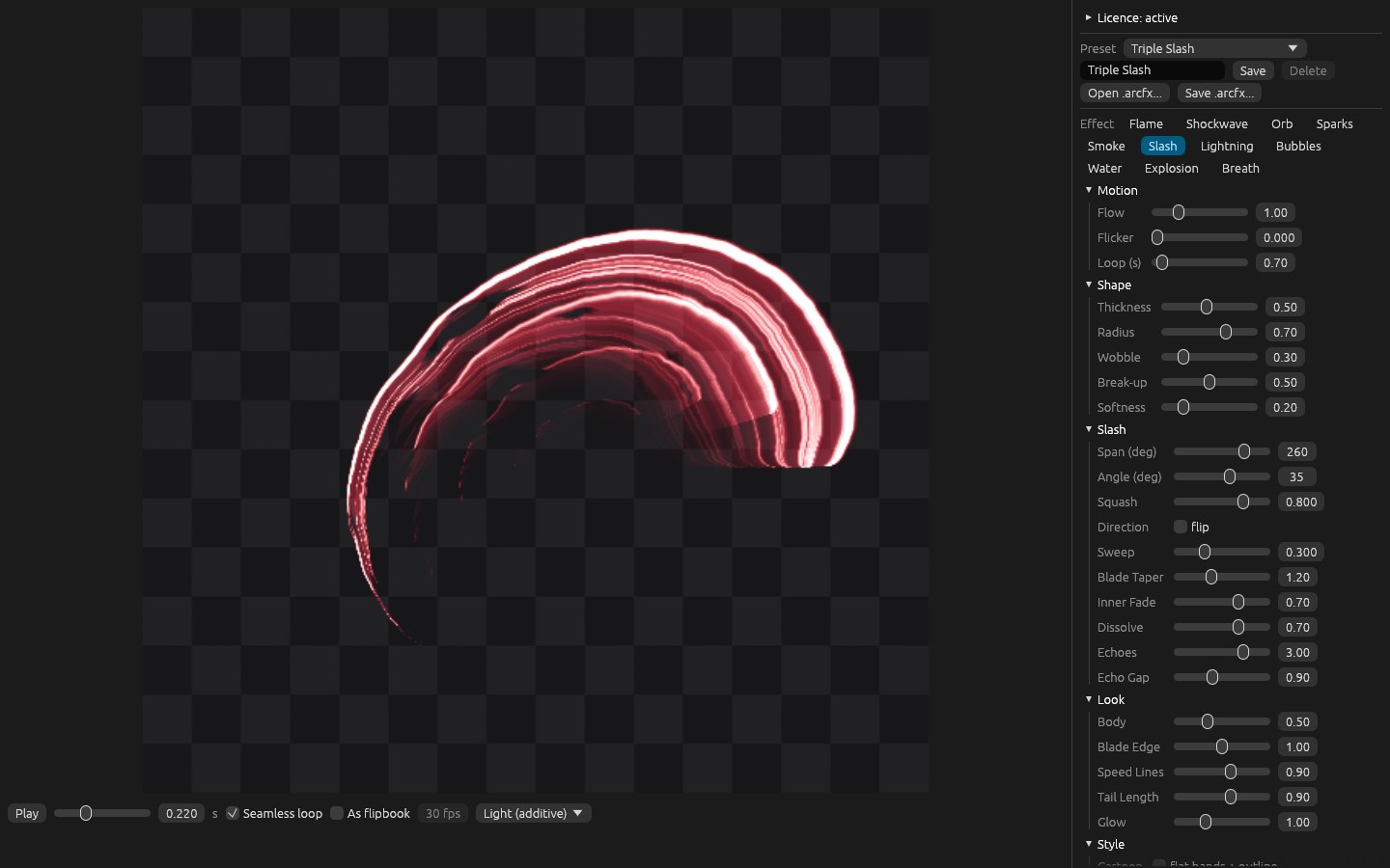 Slash: arc, angle, squash, sweep, echoes and a dissolving tail.
